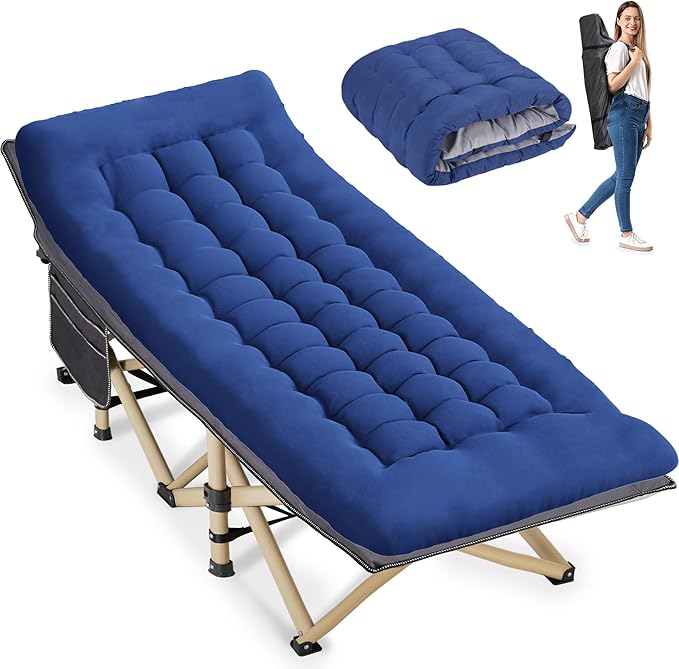 Folding Camping Cot for Sleeping, Portable Cots for Adults, Heavy Duty Cot Bed 550LBS(Max Load), Extra Wider Cots with Large Pocket for Outdoor, Office, Beach