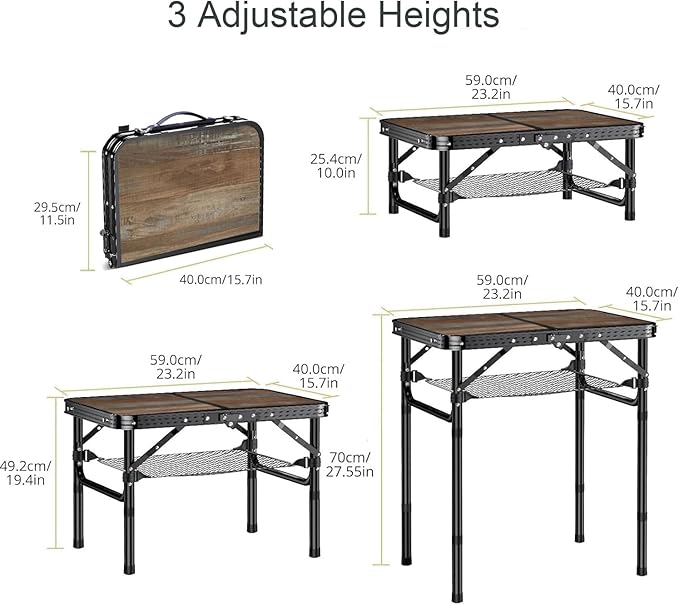 Folding Picnic Table 2ft Portable Camping Table Adjustable Heights Metal Aluminum Lightweight Foldable Small Outdoor Card Table with Carry Handle for Outside Indoor Camp Cooking BBQ Beach