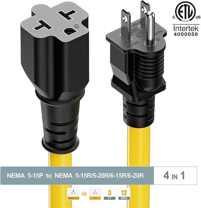 [3-Feet]NEMA 5-15P Extension Cord, Plugrand NEMA 5-15P to 5-15R/ 5-20R/ 6-15R/ 6-20R AC Adapter, 12AWG 15 Amp to 20 Amp T Blade Adapter Cable, 15A 125V to 20A 250V Extension Cord, 3FT