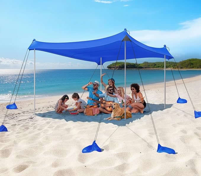 Rhino Valley Beach Tent Shade Canopy UPF50+ Protection, 8 Sandbags, 4 Stability Poles, Outdoor Sun Shelter Umbrella for Sand, Camping, Fishing Essentials