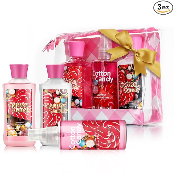 Bath and Body Gift Set, Cotton Candy Scented, 3-Piece Travel Size Collection, Shower Gel, Body Lotion, Body Mist, 3 Fl Oz Each (Cotton Candy)