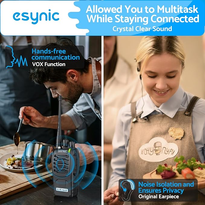 eSynic 5-Pack Professional Walkie Talkies - 5KM Long Range 16CH Rechargeable Two-Way Radios- Includes 5 Headsets & Charging Base, VOX Hands-Free for Job Sites/Camping/Family Outdoor (Ideal Gift Set)