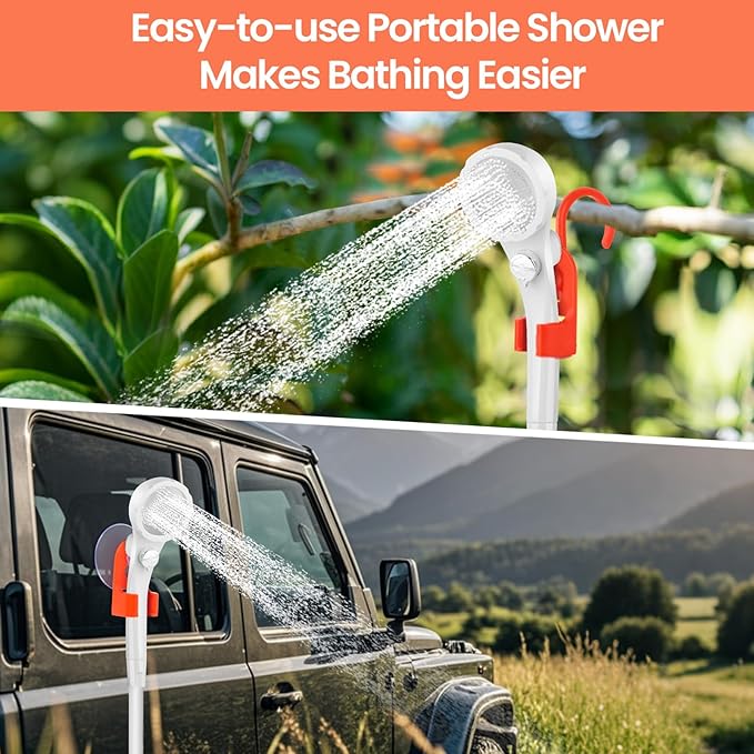 Portable Shower for Camping, 7800mAh Rechargeable Camping Shower with 3 Spray Modes, IPX7 Waterproof Portable Shower Pump for Outdoor, Hiking, Travel, Car, Pet-Long-Lasting Battery & Powerful Suction