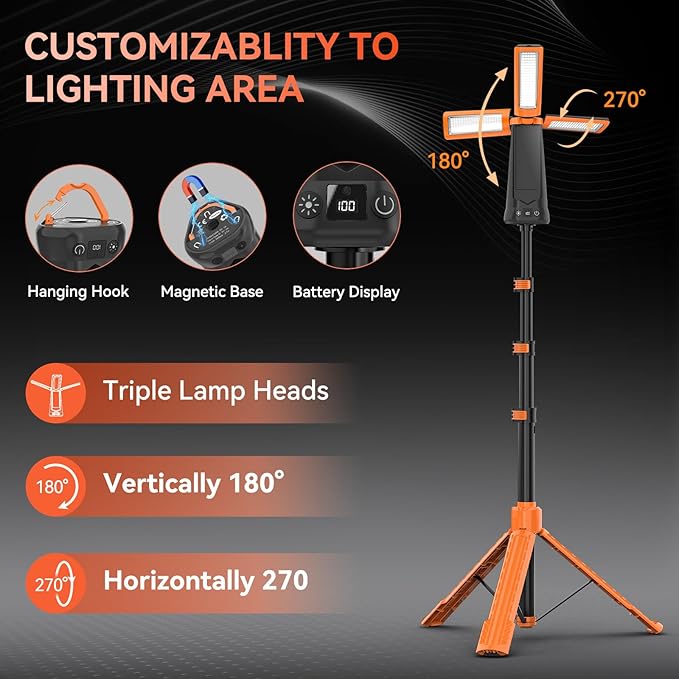 Rechargeable Camping Light with Stand, 15000 mAh Cordless Work Light with 3 LED Lamp Heads, 5500 Lumens Dimmable Camping Essentials Gear Emergency Flashlight with 86" Detachable Tripod, Orange