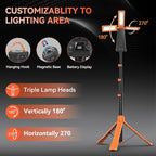 Rechargeable Camping Light with Stand, 15000 mAh Cordless Work Light with 3 LED Lamp Heads, 5500 Lumens Dimmable Camping Essentials Gear Emergency Flashlight with 86" Detachable Tripod, Orange
