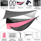 Camping Hammock Pink Grey Hammocks with Mosquito Net Tent and Rain Fly Tarp Portable Single & Double Nylon Parachute Hammock with Heavy Duty Tree Strap Outdoor Backpacking Survival Travel