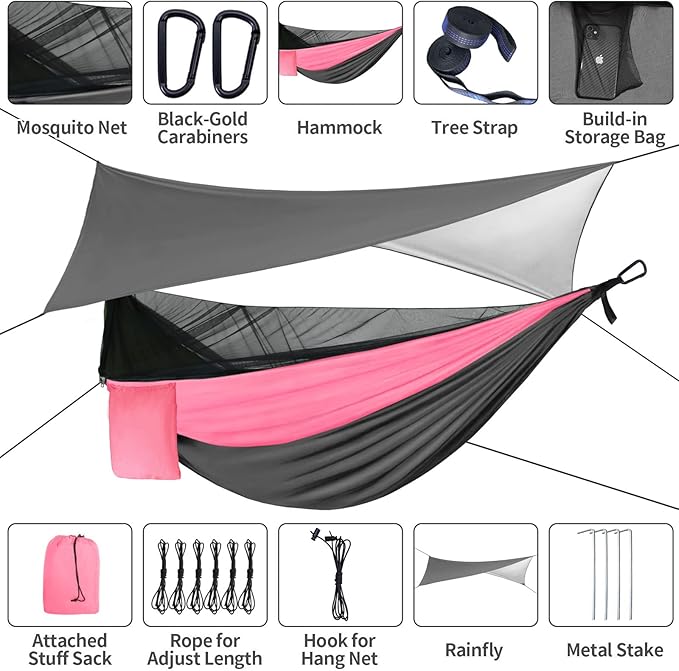 Camping Hammock Pink Grey Hammocks with Mosquito Net Tent and Rain Fly Tarp Portable Single & Double Nylon Parachute Hammock with Heavy Duty Tree Strap Outdoor Backpacking Survival Travel