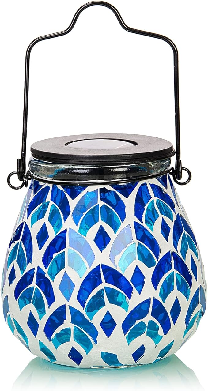 Afirst Mosaic Solar Lanterns - Glass Hanging Lights Hollow Out Waterproof Outdoor Decorative for Garden, Patio, Holiday Party Outdoor Decoration, 1 Pack