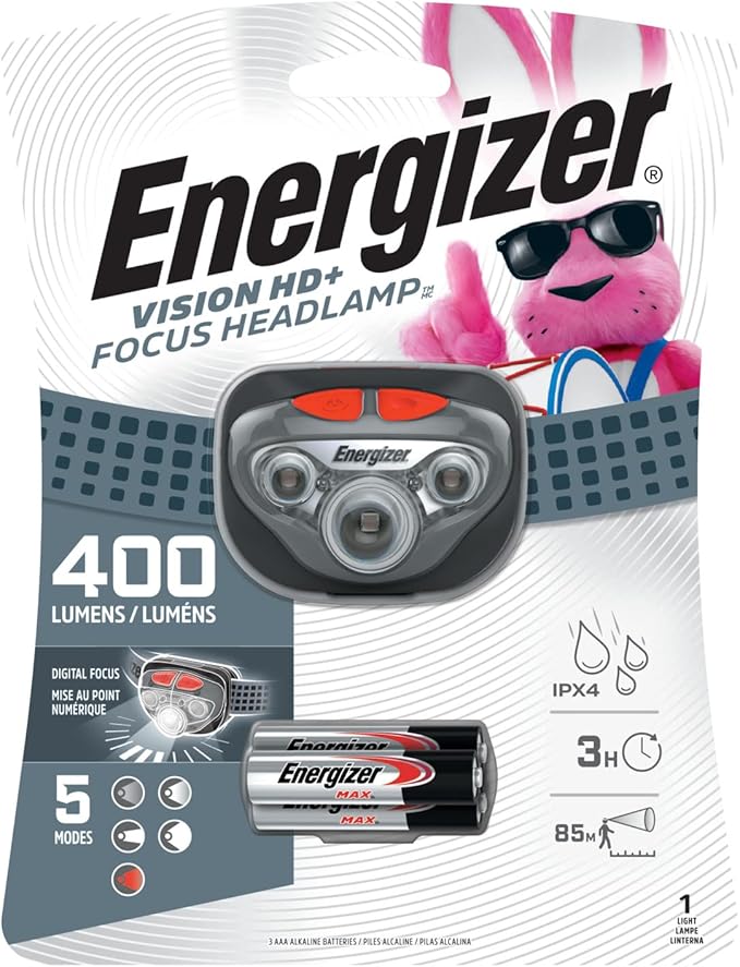 Energizer Vision HD+ LED Headlamp, Water Resistant Bright Headlamp with Digital Focus, Camping Gear and Emergency Light, Batteries Included, Pack of 1