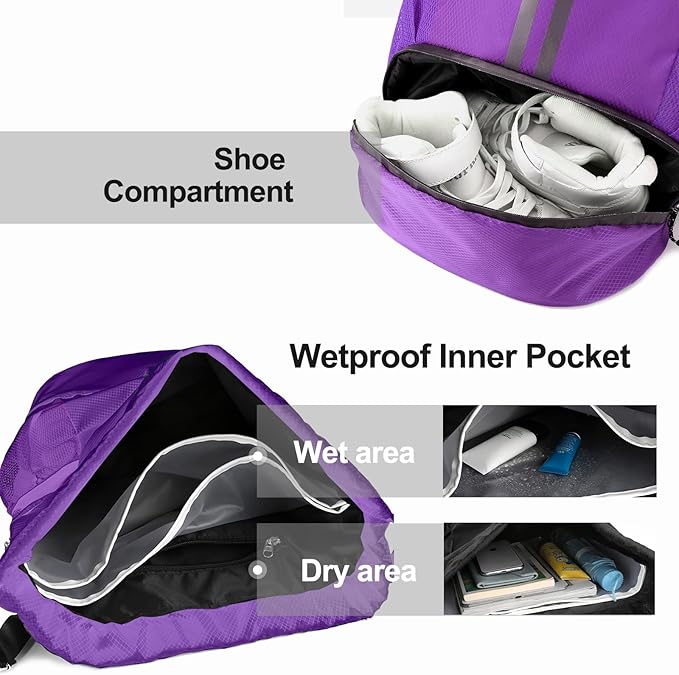 Hoedia Sports Drawstring Backpack - String Swim Gym Bag with Shoes Compartment and Wet Proof Pocket for Women/Men (Purple)
