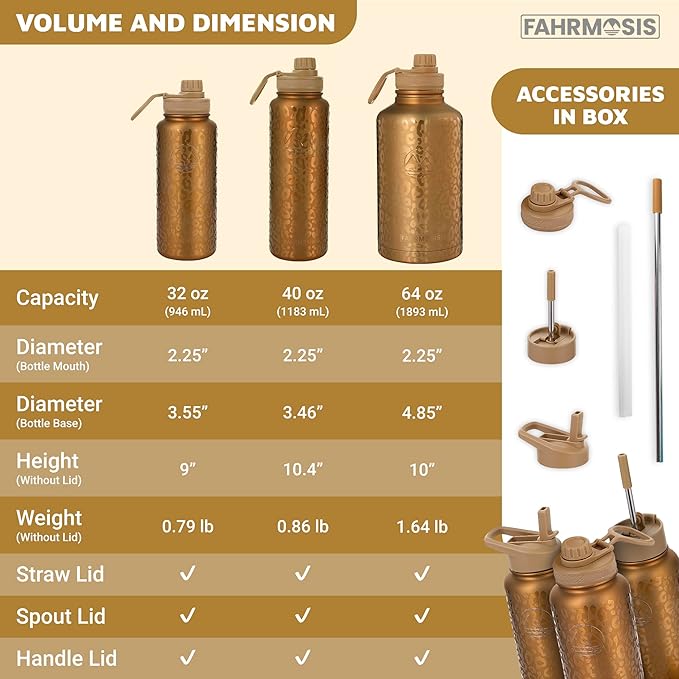 40 Oz Water Bottle with Strap Stainless Steel Sports Water Bottle with 3 Lids (Straw, Chug and Flip Lid) Insulated Leak Proof Metal Jug for Men & Women - Gold Leopard