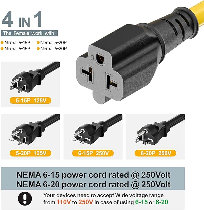 [3-Feet]NEMA 5-15P Extension Cord, Plugrand NEMA 5-15P to 5-15R/ 5-20R/ 6-15R/ 6-20R AC Adapter, 12AWG 15 Amp to 20 Amp T Blade Adapter Cable, 15A 125V to 20A 250V Extension Cord, 3FT