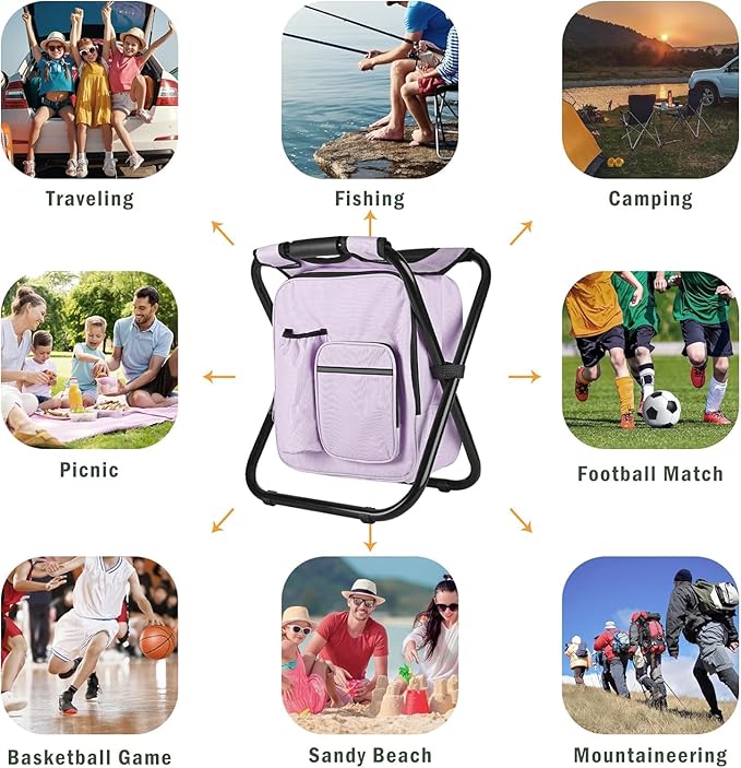 Kikerike Backpack Stool Cooler Chair Heavy Duty 400 LBS Max Load Portable Lightweight Stool Backpack Folding Fishing Cooler Seat for Camping Hunting Fishing - Pale Amethyst