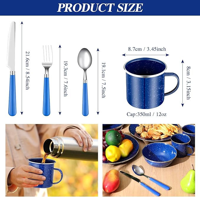 Nuogo 12 Pcs Enamel Camping Tableware Set Dinnerware Kit Includes 12 oz Coffee Mugs Camping Plates Bowls and Utensils Set with Knife Fork Spoon for 2 People Hiking Picnic Outdoor
