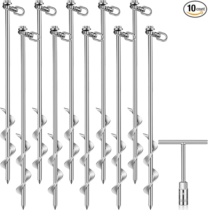 Hiboom Ground Anchor Screw Heavy Duty Earth Anchors Tent Stakes for High Wind with T Handle Hex Wrench Trampoline Hook Ground Stakes for Camping Canopies Car Ports Sheds