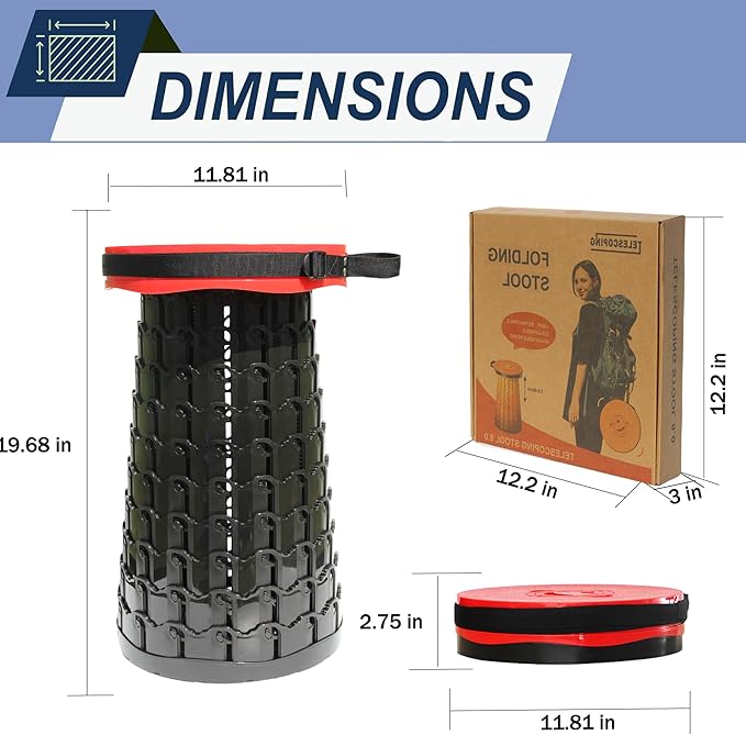 ALEVMOOM Higher 19.7" D 11.8" XXL Collapsible Stool with Cushion, Portable Telescoping More Sturdy Load Capacity 1000Lbs,Retractable Adjustable Camping Folding Stool for Outdoor Hiking BBQ