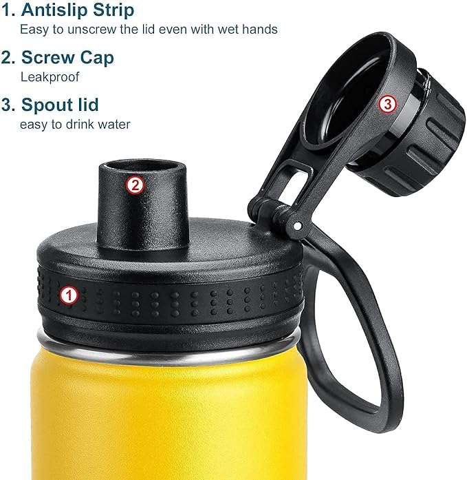 koodee Insulated Water Bottle, 22 oz Stainless Steel Double Wall Vacuum Wide Mouth Sport Bottle with Leakproof Spout Lid (Yellow)