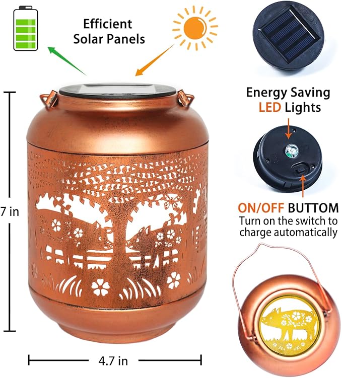 Pig Solar Lanterns Outdoor Waterproof Hanging Solar Lights Pig Gifts for Women Men Mom Metal Decorative LED Outdoor Lanterns for Patio, Lawn, Landscape, Garden Decor, Yard Decorations