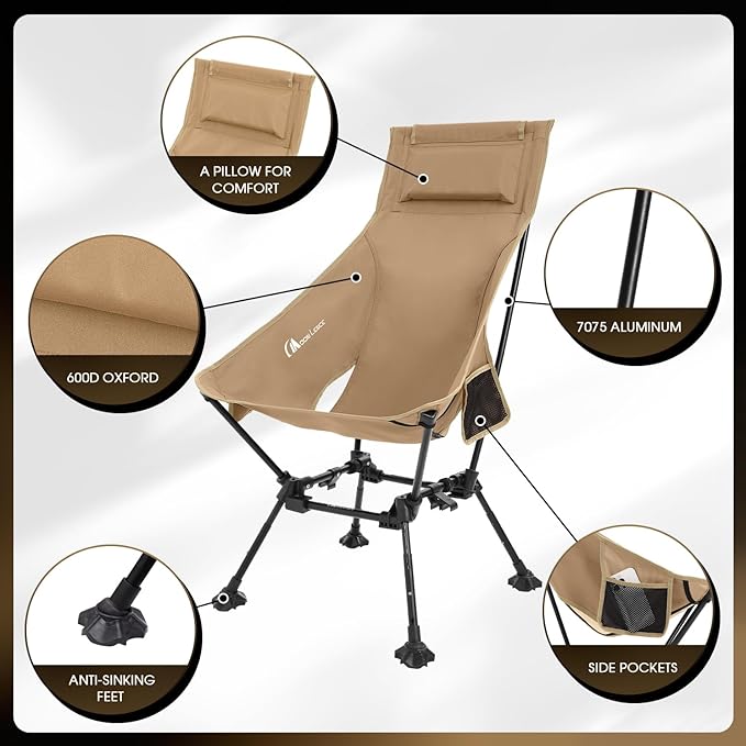 MOON LENCE High Back Folding Camping Chairs, Adjustable Height Beach Chair with Anti-Sinking Feet & Widened Seat (Khaki)