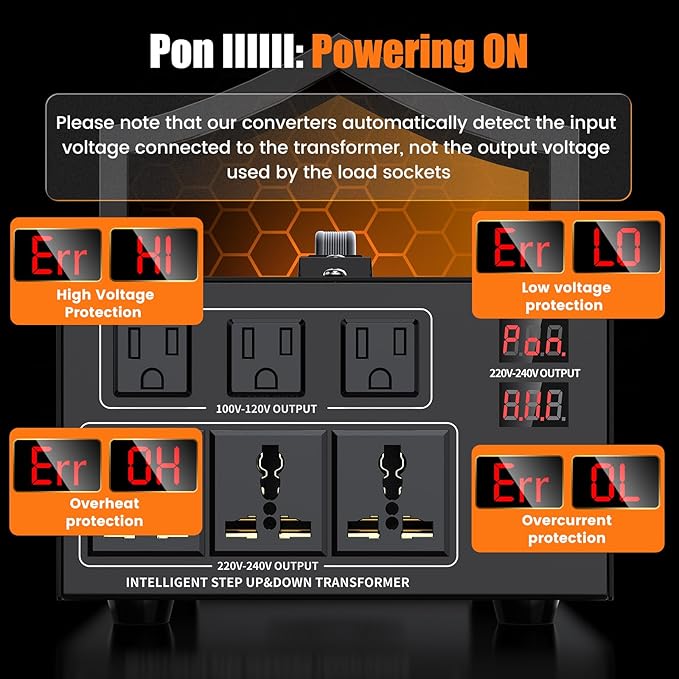 2000W Voltage Converter Transformer Step Up 110V/120V to220V/240V or Step Down 220V to 110V AC Power Converte, Circuit Breaker Protection, 2 US sockets, 2 Universal sockets, LCD Display
