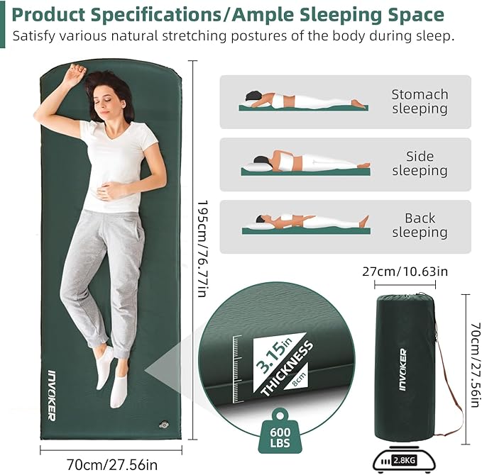 3.15" Self Inflating Camping Sleeping Pad, Ultra-Thick Elasticity Foam Fast Inflating 4-Season Insulated Durable Camping Mat Air Mattress with Pillow, for Tent, Car, Camping, Traveling, Green