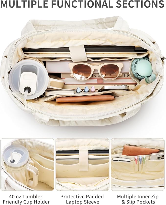 Puffer Tote Bag for Women, Lightweight Puffy Work Handbag Teacher Nurse Quilted Shoulder Bag for School Travel Gym