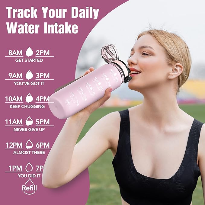 OLDLEY Water Bottle, 32oz Motivational Sports Water Bottle with Time Marker - Times to Drink - Tritan, BPA Free, Wide Mouth Leakproof, Peach (1 Bottle)