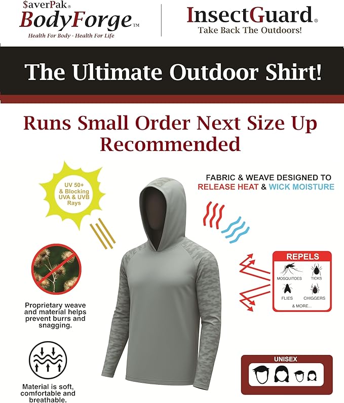 Permethrin Insect Repellent Mens Athletic Hoodies Long Sleeve Fishing Shirts SPF 50+ UV Sun Shirt Protection Rash Guard