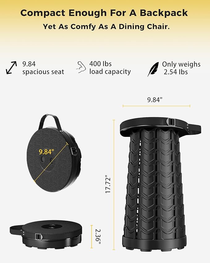 Upgraded 2PCS Collapsible Stool with Cushion & Waterproof Bag - 400lbs Heavy Duty Portable Folding Stool for Adults, Telescoping Camping Seat with Carrying Straps for Fishing Hiking Travel BBQ