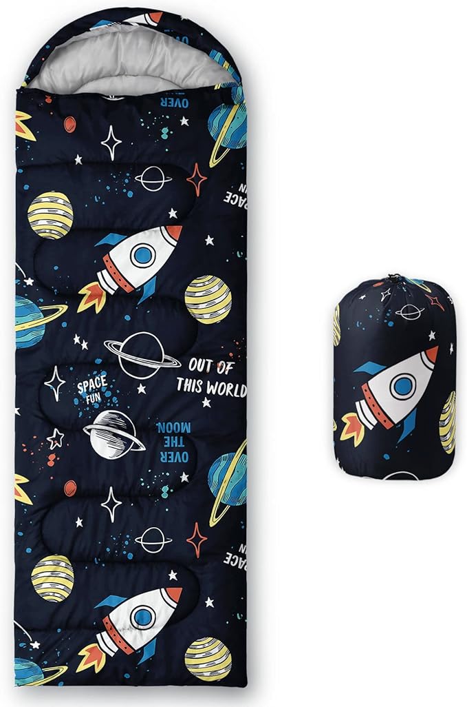 Kids Sleeping Bag for Boys Girls,Rocket Moon Print-Lightweight Warm Portable Outdoor Indoor-Waterproof Cold Weather Resistant Sleeping Bag for Camping Hiking