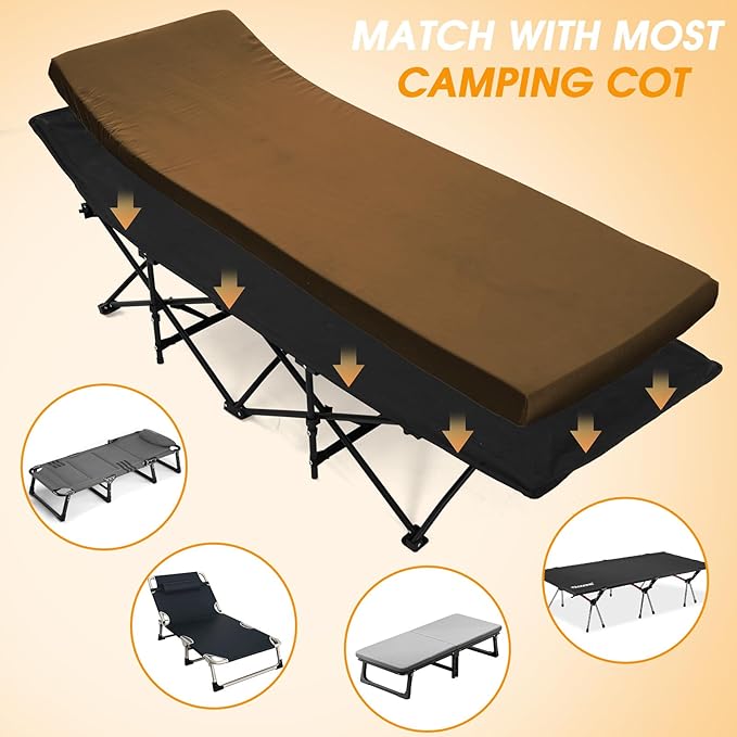 CYMULA Camping Cot Mattress 2in Memory Foam Sleeping Pad,Soft Warm Non-Slip Camping Mattress Topper with Retaining for Adults,Portable Roll up Pad for Travel(75 x30)（only Mattress）
