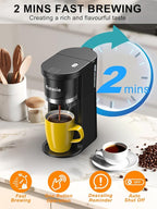 Slim Single Serve Coffee Maker, Fast Brew for K-Cup & Ground Coffee Small One Cup Coffee Maker, 6-12 Oz Brew Sizes, Coffee Machine with Descaling Reminder and Water Window,Black