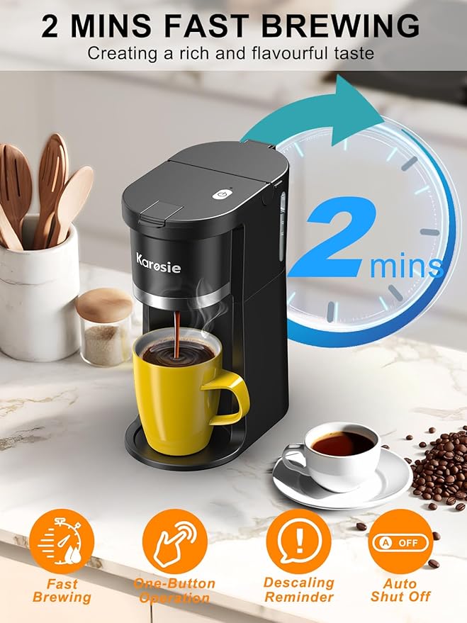 Slim Single Serve Coffee Maker, Fast Brew for K-Cup & Ground Coffee Small One Cup Coffee Maker, 6-12 Oz Brew Sizes, Coffee Machine with Descaling Reminder and Water Window,Black