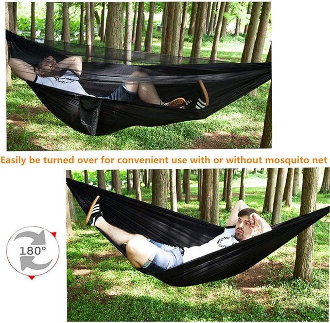 Camping Hammock with Rain Fly Tarp Mosquito Net Heavy Duty Tree Straps Portable Double Parachute Hammocks Tent Waterproof Rainfly Set Black