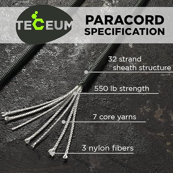 TECEUM 5/32" Paracord Rope 1000 – 1000ft / 200ft / 100ft / 50ft – Tactical Parachute Cord 4mm – 45+ Colors – Nylon String for Survival & Camping Gear – Stripe Cord for Survival – Utility Rope