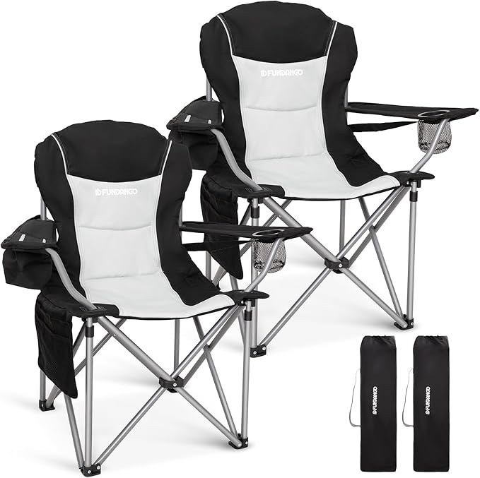 FUNDANGO Folding Camping Chair Heavy Duty, 2 Pack Oversized 440 Lbs Support Outdoor Camp Chairs with Lumbar Support & Cooler Pocket for Fishing Backyard Sports Beach Garden (Black/Grey)