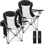 FUNDANGO Folding Camping Chair Heavy Duty, 2 Pack Oversized 440 Lbs Support Outdoor Camp Chairs with Lumbar Support & Cooler Pocket for Fishing Backyard Sports Beach Garden (Black/Grey)