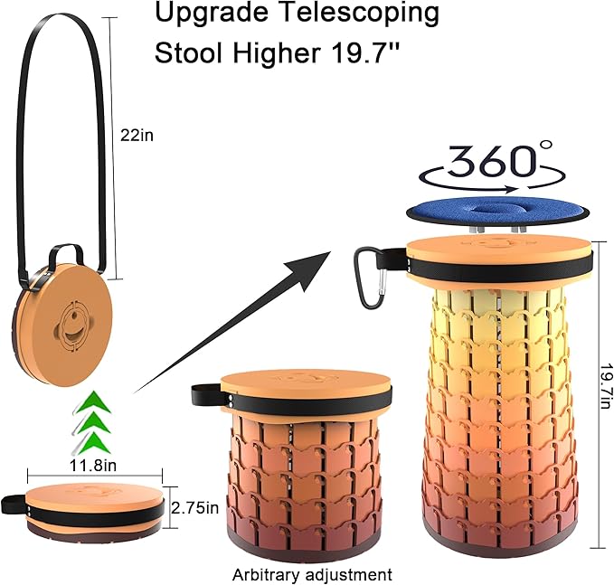 ALEVMOOM Upgraded XXL Telescoping Stool with Cushion,Taller 50cm Wider 30cm Collapsible More Sturdy Capacity 1000Lbs,Portable Camping Adjustable Stool for Garden Fishing Hiking Mountain BBQ (Fire)
