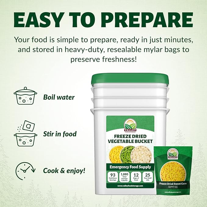 Freeze Dried Vegetable Bucket | 12 Pouches Premium Emergency Food Supply | Survival Food 25 Year Shelf Life | Camping Food, Backpacking Meals, Prepper Supplies | Valley Food Storage Packaged in USA