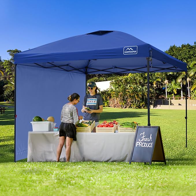 KAMPKEEPER 10x10 Pop Up Canopy Tent with 2 Sidewalls, Beach Tent - Easy Outdoor Sun Shade for Events, Parties, Camping - Gazebo with 4 Weight Bags & Carry Bag.（Navy Blue）