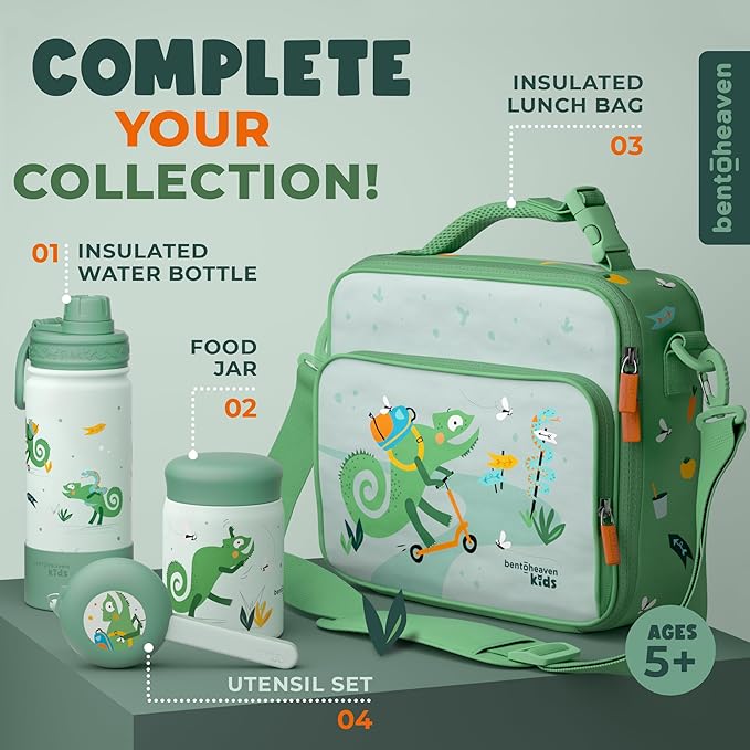 Bentoheaven Kids Water Bottle Stainless Steel for Boys & Girls, 2 Lids (Chug & Straw), Handle & Silicone Boot, Reusable Metal Leak-proof Insulated Tumbler, School & Sports 17oz (Green)