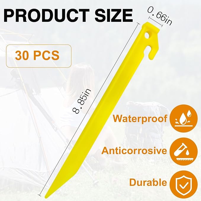 30 PCS Plastic Tent Stakes, 8.85 Inch Heavy Duty Plastic Canopy Stakes for Camping, Beach, Garden & Outdoor Decorations, Lightweight Rust-Proof Sand Anchors, Colorful Yard Inflatable Stakes (Yellow)