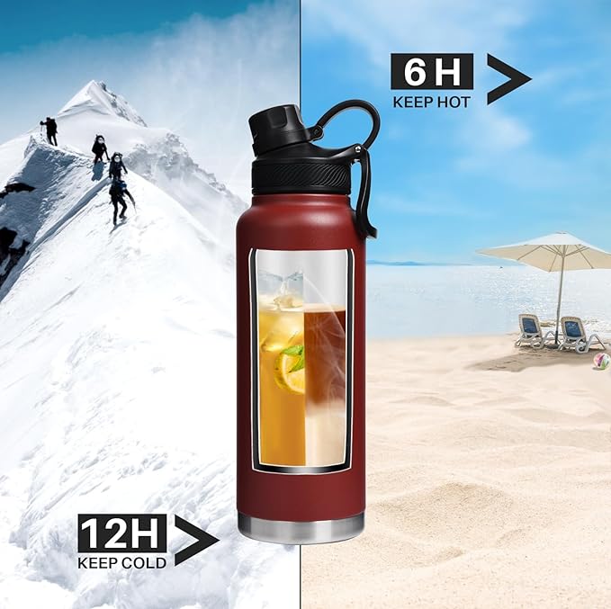 Insulated Sports Water Bottle with Straw Lid Dustproof, 3 Lids, 24/32/40/64 oz Dishwasher Safe & BPA Free Double Wall Stainless Steel Water bottle, Leakproof & Sweat Free -40 Oz Brick Red