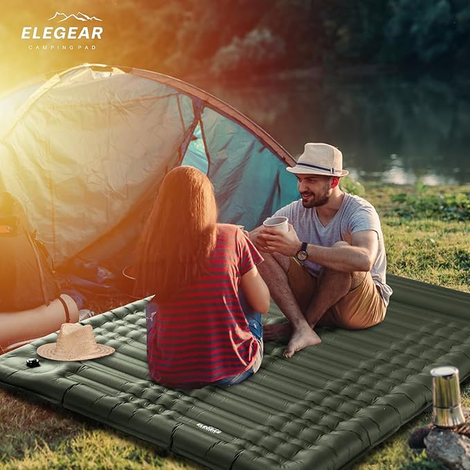 Elegear Double Sleeping Pad for Camping, 4.7" Ultra-Thick Self Inflating Camping Pad 2 Person with Pillow Built-in Foot Pump, Portable Camping Sleeping Mat for Backpacking Hiking Tent(Army Green Full)