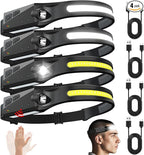 Rechargeable Headlamps 4 Packs, 230° Wide Beam Head Lamp LED for Hardhat, Headlamp Rechargeable with Motion Sensor, Bright Forehead Head Light for Adults with 5 Modes, USB C, Waterproof for Camping