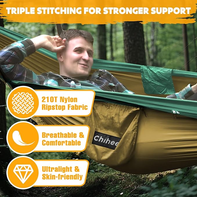 Chihee Ultra-Light Travel Camping Hammock Pop-up Net Hammock 660lbs Load Capacity,Breathable,Quick-Drying Parachute Nylon 2 Premium Carabiners,2 Tree Slings Included for Outdoor Backpacking Hiking