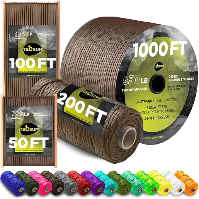 TECEUM 5/32" Paracord Rope 1000 – 1000ft / 200ft / 100ft / 50ft – Tactical Parachute Cord 4mm – 45+ Colors – Nylon String for Survival & Camping Gear – Stripe Cord for Survival – Utility Rope