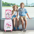 BABY JOY 2 Pcs Kids Luggage Set, 16" Carry-on Luggage Trolley Case & 12" Backpack w/Rolling Wheels, Retractable Handle, Lightweight Airline-approved Design, Kids Suitcase for Girls Boys (Pink Pony)