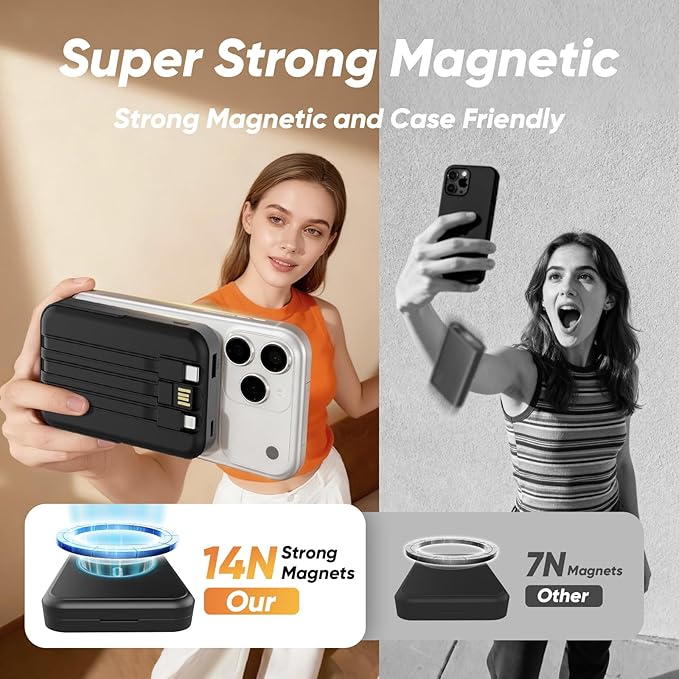Power Bank 10000mAh Compatible with MagSafe, Magnetic Portable Charger with Digital Display, 15W Wireless Fast Charging, Built-in 3 Cables Compatible with iPhone 17/16/15/14/13/12 Series (White)