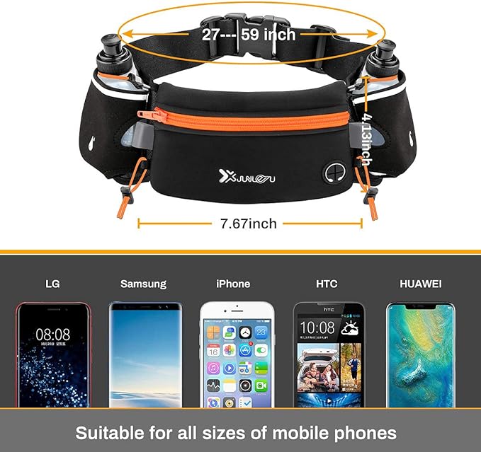 Number-one Running Belt with Water Bottles(2 x 175ML), Hydration Belt Waterproof Waist Pack Bag Fits iPhones Adjustable Sports Waist Pouch for Marathon Running Hiking Cycling